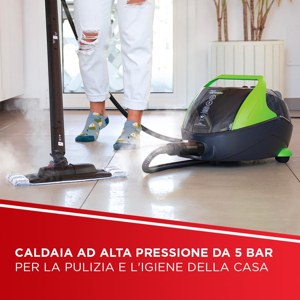 Polti Vaporetto Pro 95 Turbo Flexi, Pulitore a Vapore con Caldaia, Pressione Max 5 Bar, Potenza 1100 W, Autonomia Illimitata, Made in Italy, Funzione Eco, 14 Accessori Inclusi, Nero e Verde