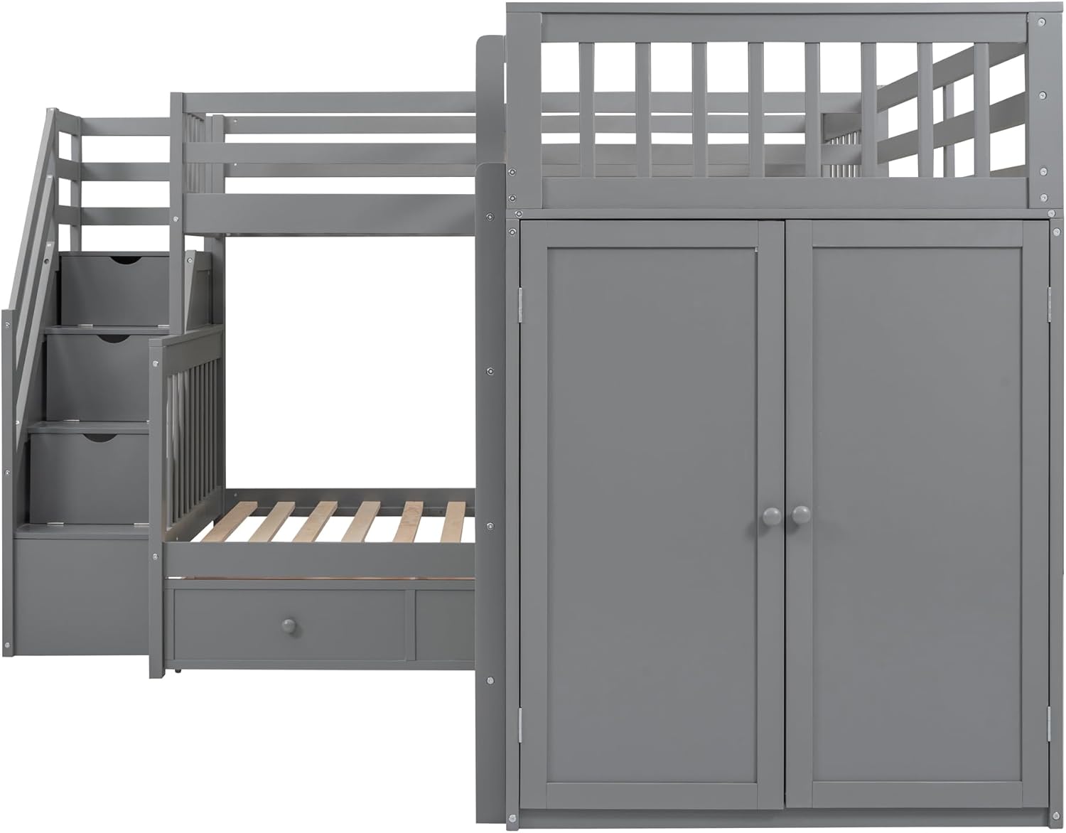Bellemave L Shaped Triple Bunk Bed with Storage Staircase, Wardrobe, Desk & Drawers, Wooden Bunk Bed for 3 Kids, Twin Over Full Bunk Beds, L-Shaped Loft Bed for Kids, Teens, Adults (Gray)