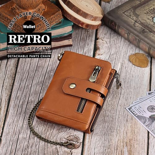 Cabailt Mens Wallet with Chain Genuine Leather Purse RFID Blocking Bifold Double Zipper Coin Pocket(Black)2