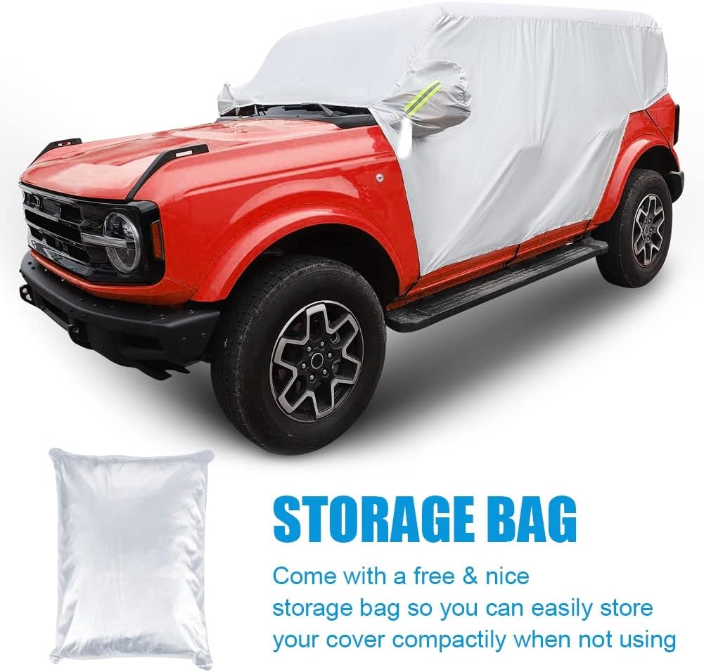 JSCARLIFE Car Cover for F-ord Bronco 4 Door 2021 2022 Windproof Dustproof Scratch Resistant Outdoor UV Protection Auto Rain Sunshade Exterior Cover Accessories (Half Car Cover)