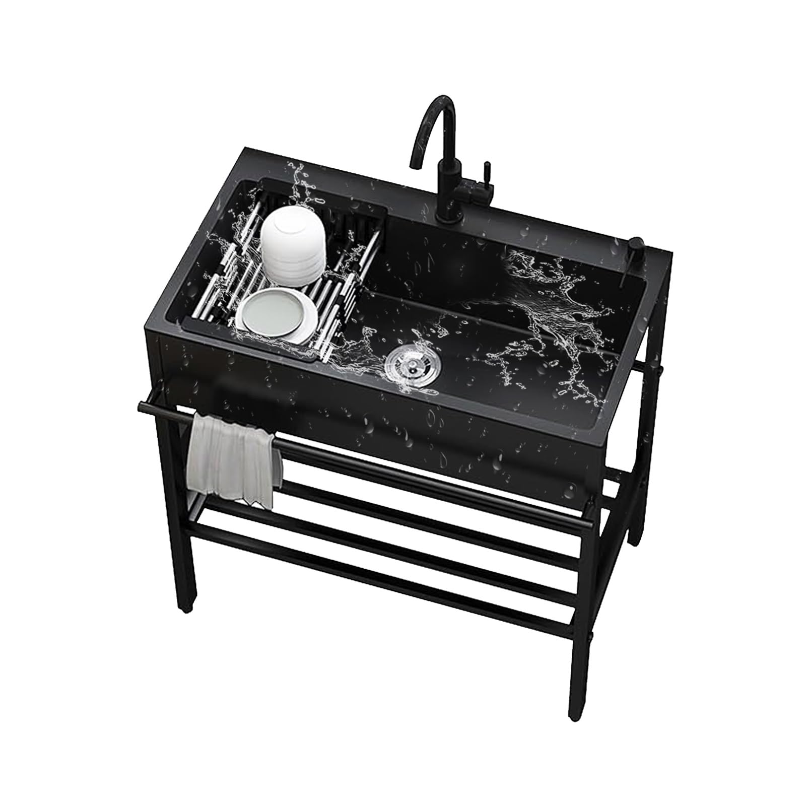 Fregadero utilitario de acero inoxidable con soporte, fregadero de cocina de un solo tazón con plataforma de almacenamiento, grifo frío y caliente, perfecto para exteriores, garaje, estación de lavado