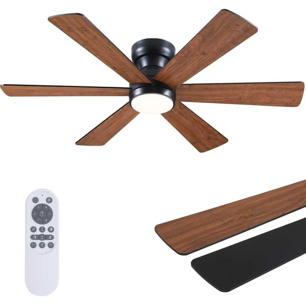 Asyko 46"Brown 6-Blade Modern Low Profile Ceiling Fan with Light and Remote | 6 Double-Sided Blades,6 Wind Speeds, Reversible,Dimmable 3 CCT LED Light, 25W Quiet DC Motor,1/2H Timer,for Bedroom Kitche