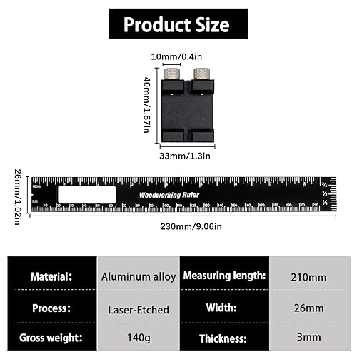 Miniatura 2 de Regla de bolsillo de 8 pulgadas, regla de metal negro de precisión flexible, regla profesional para carpintería, herramienta de dibujo de borde