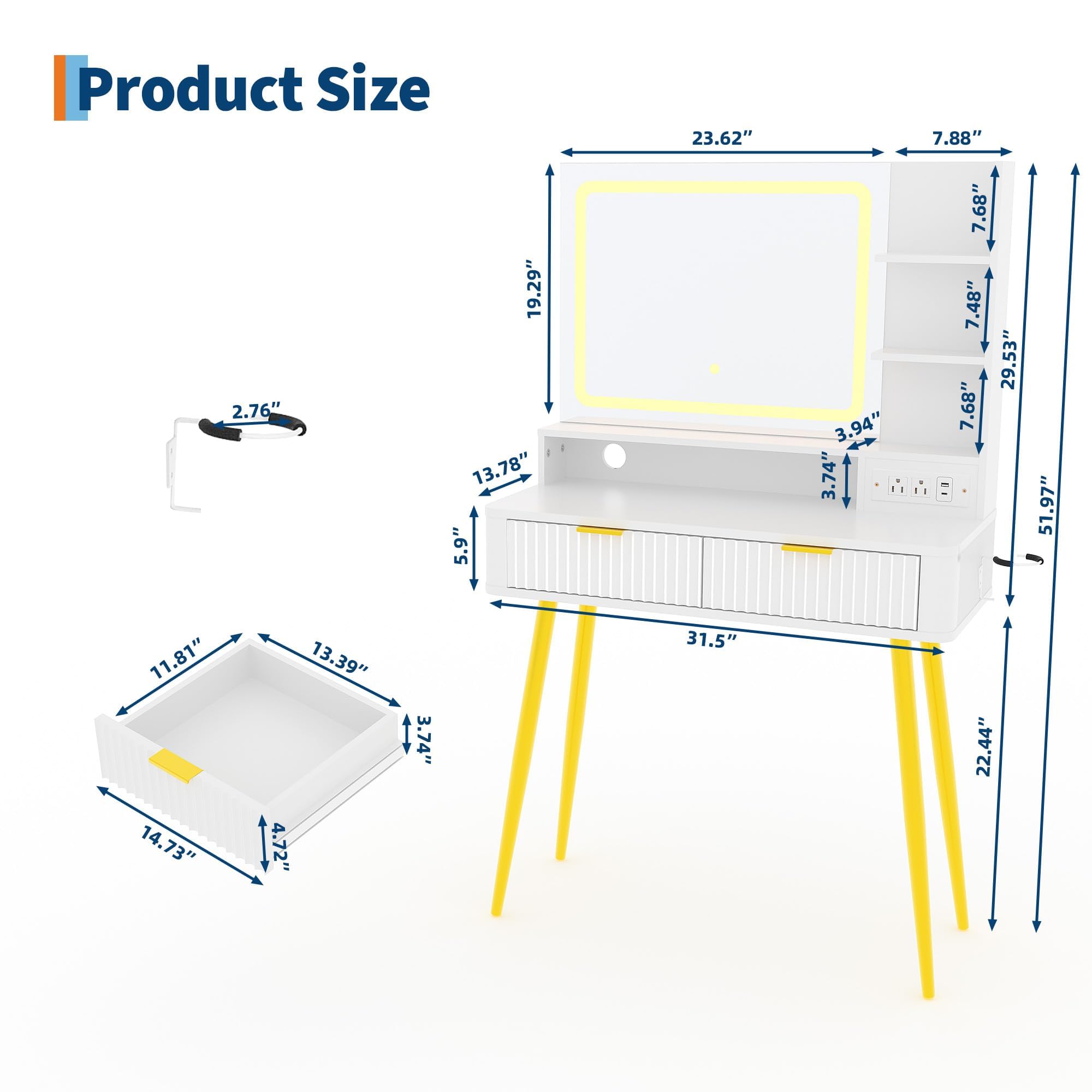GarveeHome Coiffeuse Bois avec Miroir LED,3 Tonalités Réglable(Blanc)