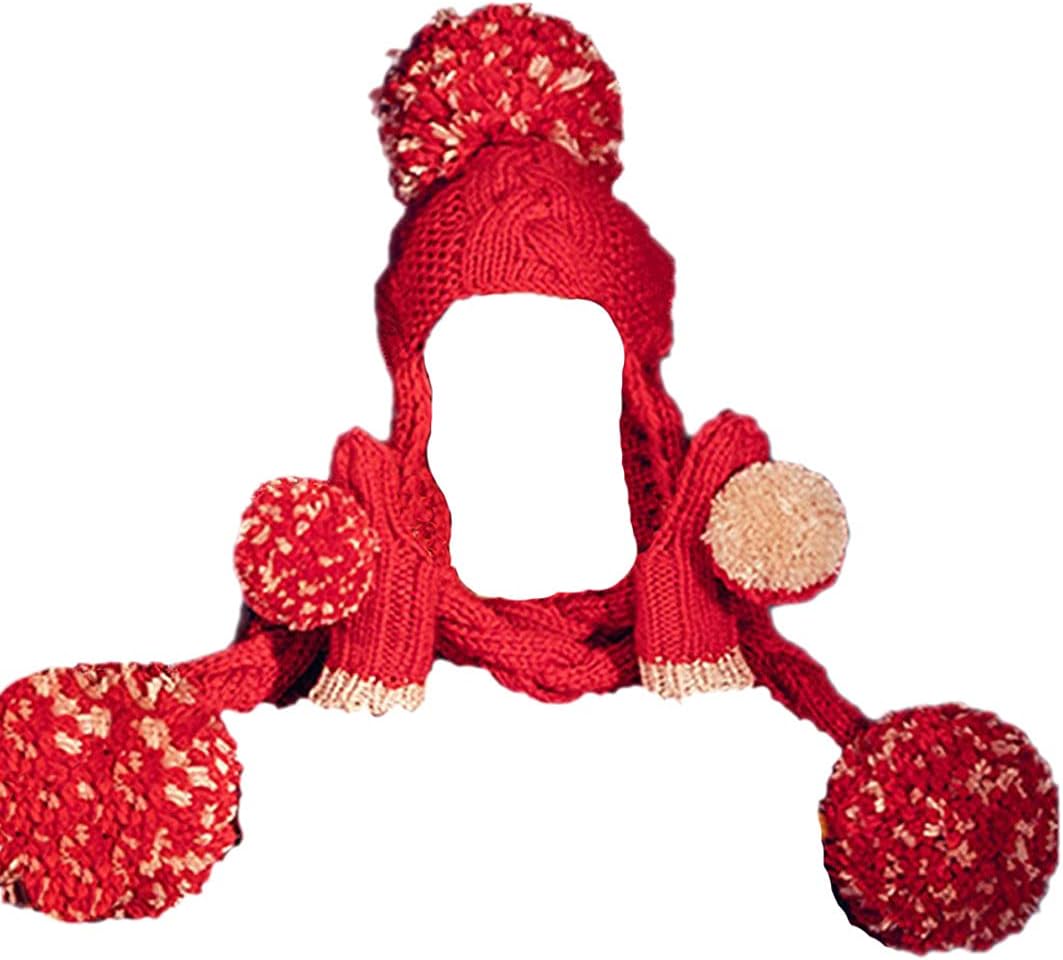 2PCS Christmas Gifts Scarf Beanie&Gloves Suits Handmade Knitted Hat Pom Cap