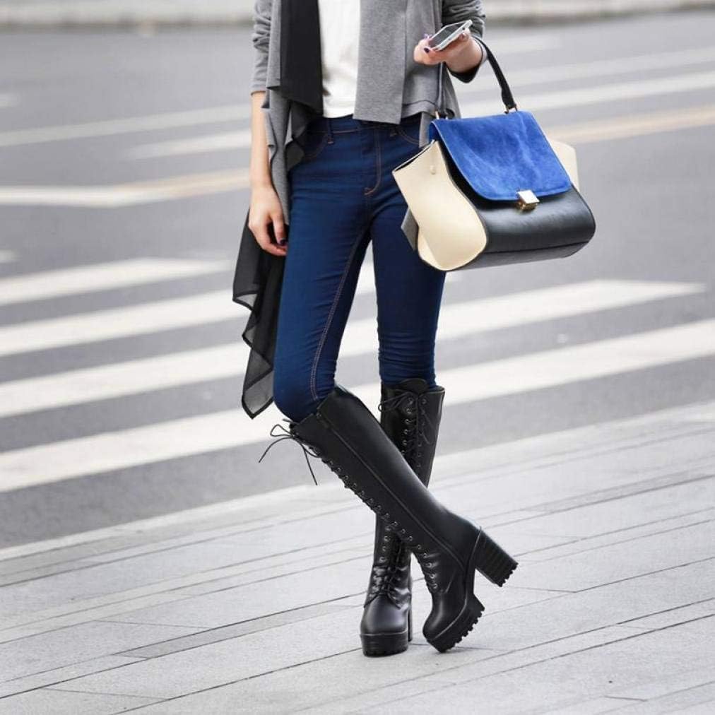 Women's Knee High Goth Platform Buckle Boots Round Toe Chunky High Heel Lace Up Punk Combat Military Boots