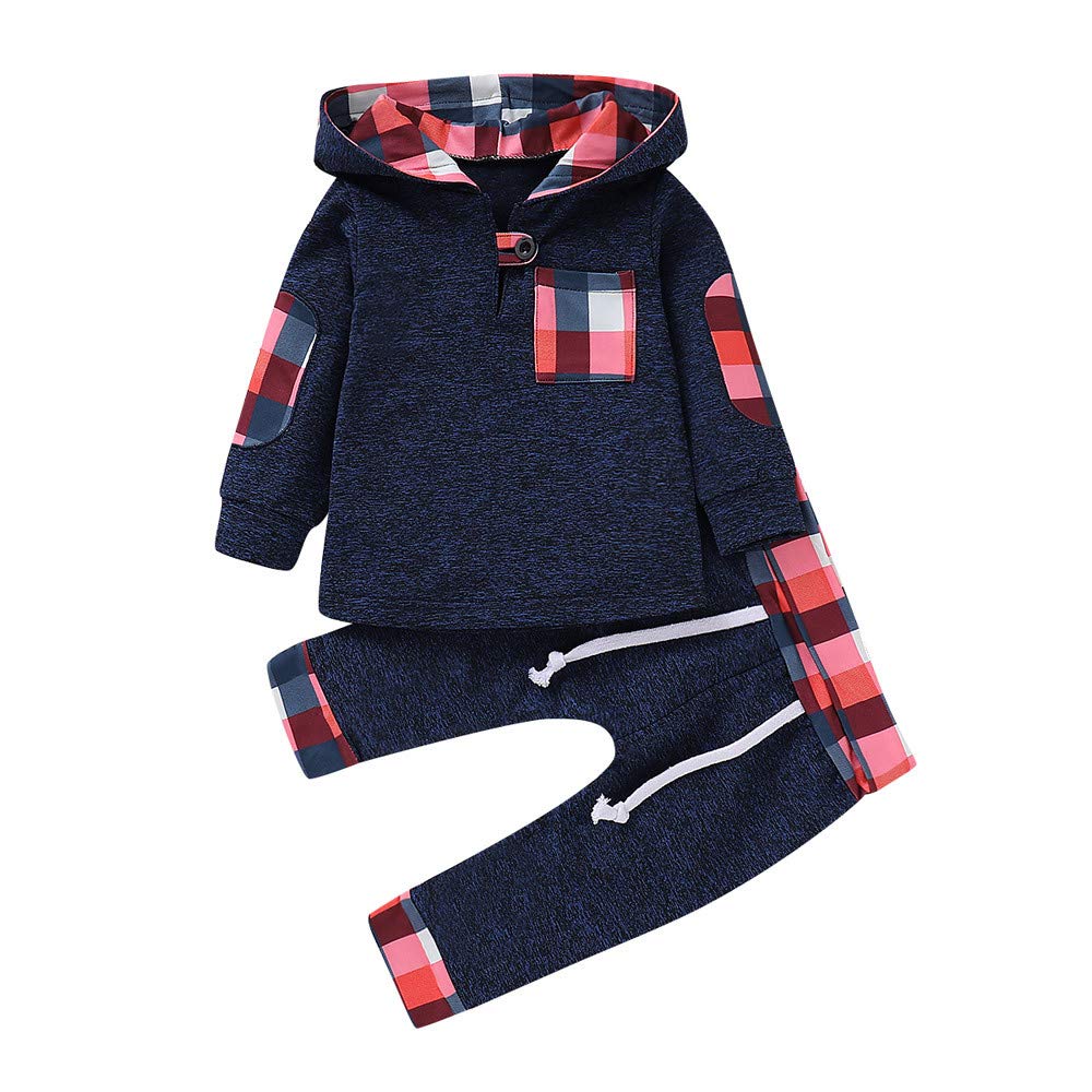 Infant Toddler Boys Girls Sweatshirt Set Winter Fall Clothes Outfit 0-3 Years Old Baby Plaid Hooded Tops Pants