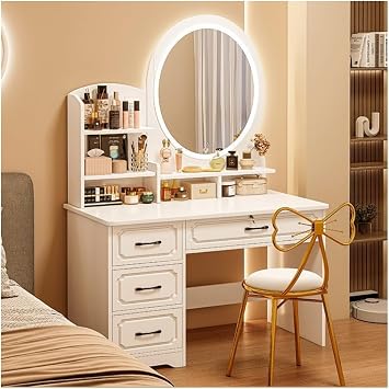 Dresser Vanity LED Lighted Mirror Vanity with Mirror and 3 Color Adjustable Lights, Functional Vanity Stand with 4 Drawers and Stool Large Capacity Storage Nordic Style Set Home Decor
