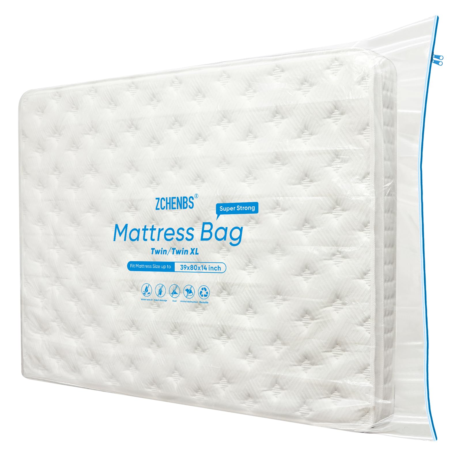 ZCHENBS® - Twin/Twin XL Mattress Bags for Moving, Waterproof Mattress Storage Bag with Zipper, Heavy-Duty 5 Mil Ultra-Thick Bed Protector Cover for Moving, Reusable (Transparent/Blue, 1 Pack)