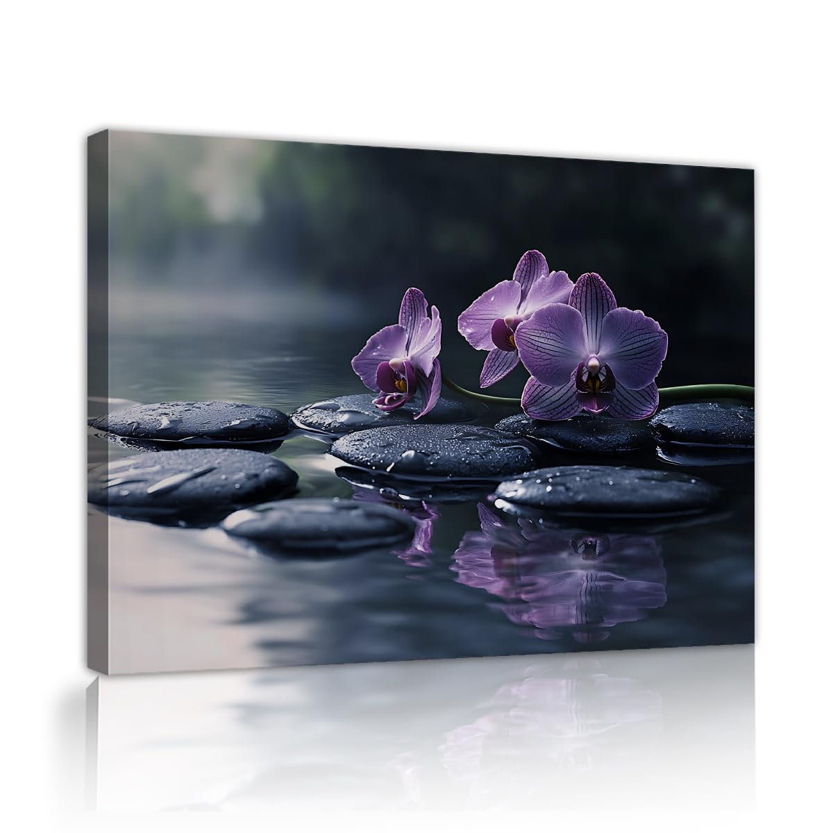 TOANGWALL Spiritual Meditation Zen Stones Flower Canvas Wall Art Guest Room Violet Orchid Water Reflection Framed Mural for Spa Gym Decor 80x95cm