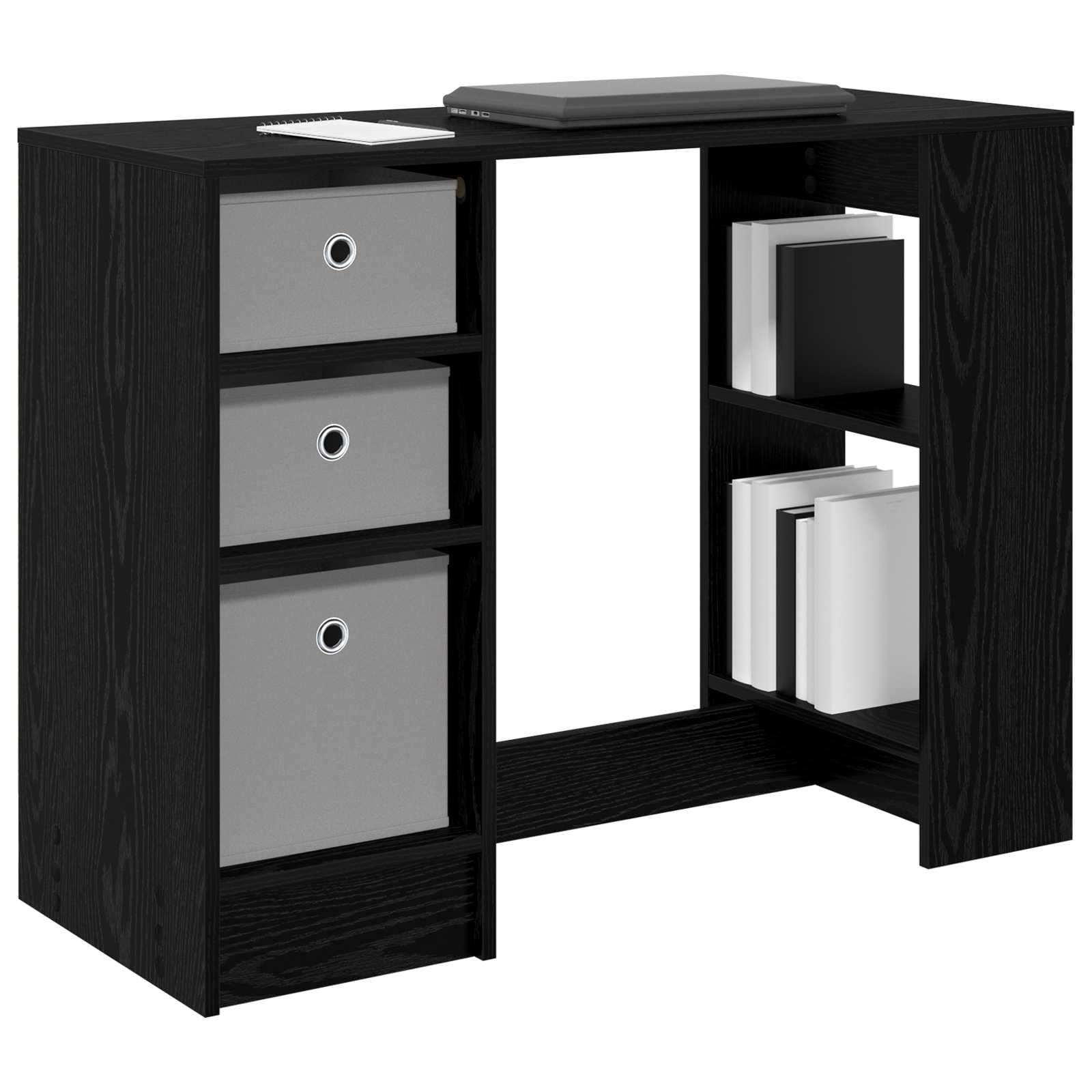 Scrivania con scaffale, effetto rovere nero, in legno, 100 x 40 x 75 cm, con 3 cassetti e ripiano per casa, ufficio, studio, gaming e postazione di lavoro
