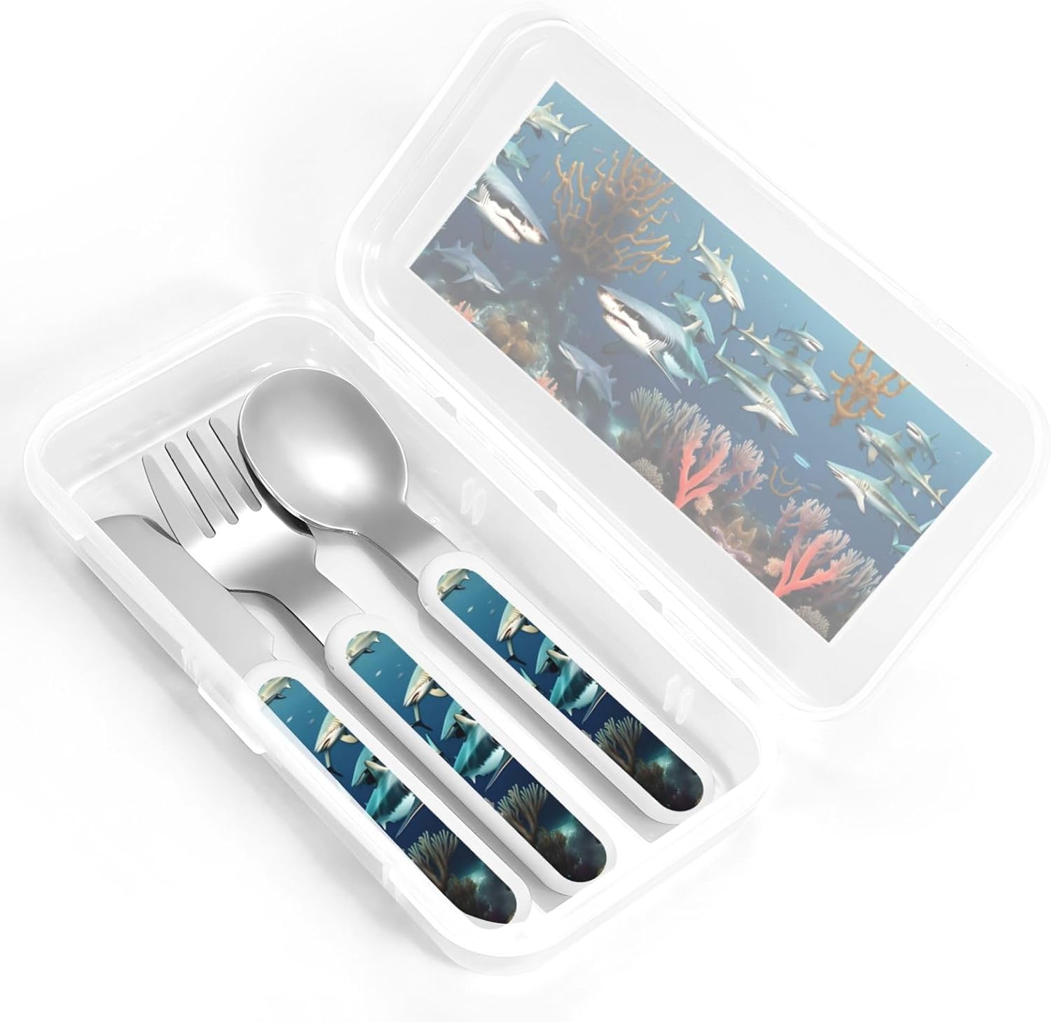 Sharks under the sea Printed 3-piece tableware set, travel knife, fork and spoon set