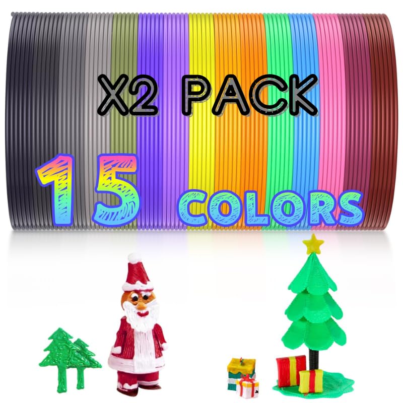AMOLEN Recambios de filamento PLA de seda para bolígrafo 3D, 15 colores × 2 paquetes (20 pies por color, 600 pies en total), filamento PLA de seda