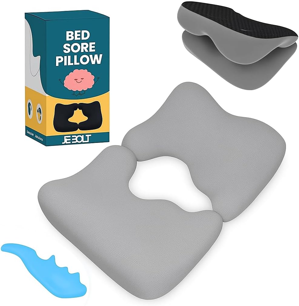 Memory Foam Bed Sore Cushion with T-Shaped Cutout – Pressure Relief Pillow for Tailbone, Coccyx & Butt | Dual-Piece Design with Massage Tool & Washable Cover for Sitting or Lying (Black)