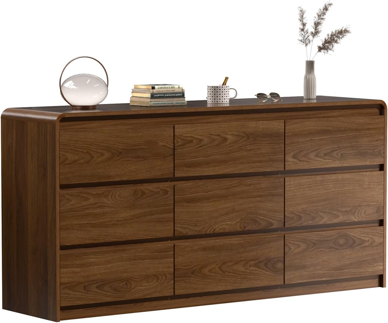 Oransail 9 Drawer Dresser, 63" Wide Walnut Dresser Chest of Drawers, Curved Anti-Collision & Anti-Tipping Design, Mid Century Modern Wooden Dresser for Bedroom, Living Room, TV Stand