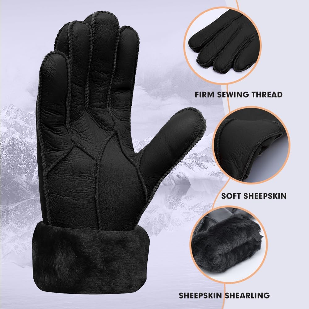 MGGMOKAY Women Leather Gloves Shearling Sheepskin Winter Warm Gloves Fur Lined - Image 2