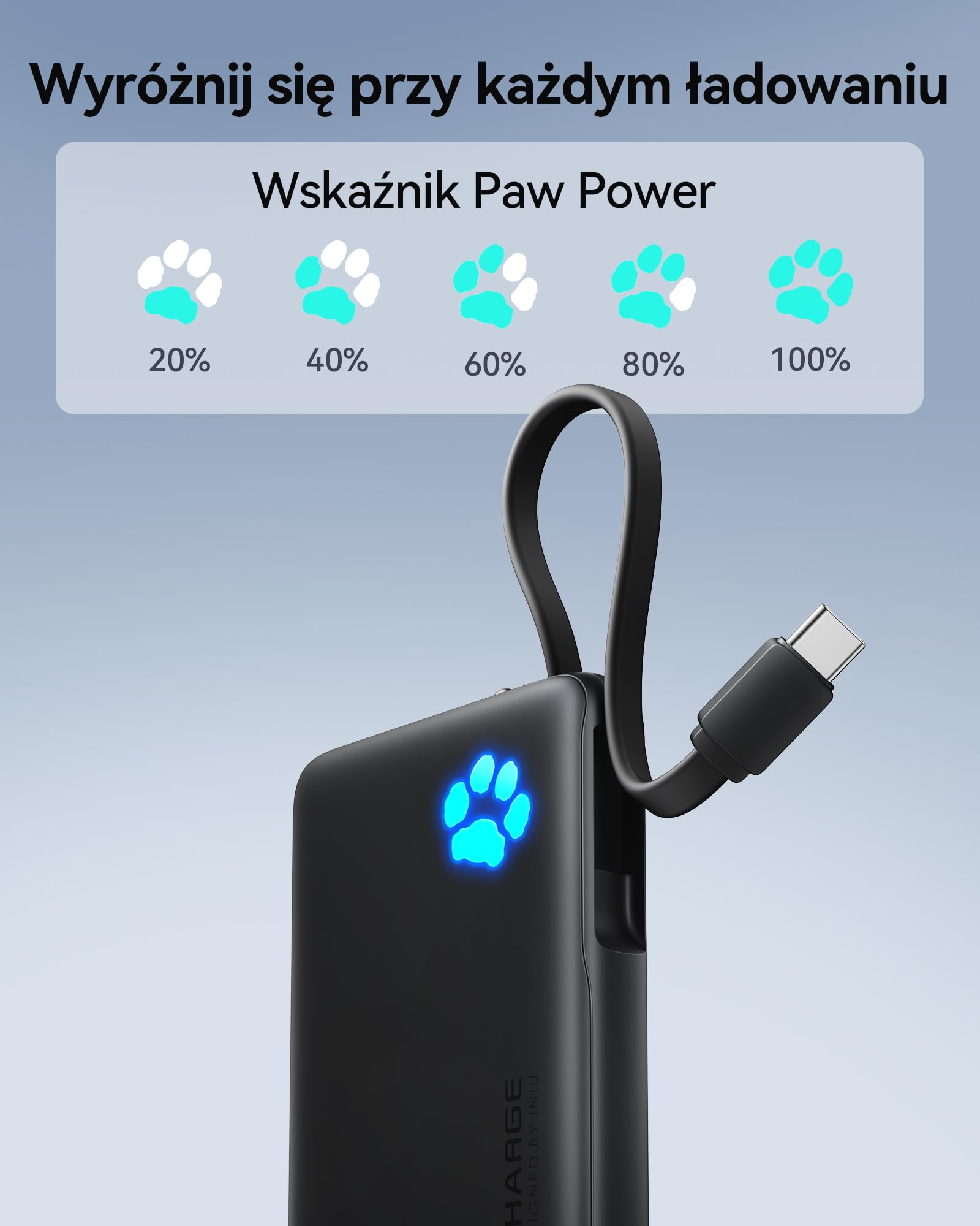 INIU Mini Power Bank 45W 10000 mAh ze Zintegrowanym Kablem USB-C, PD3.0 QC4.0 USB C In&Out, Mała, Ale Potężna Zewnętrzna Bateria do Telefonu Komórkowego z iPhone 16 15 14 13 12 Pro Max Mini iPad itp.
