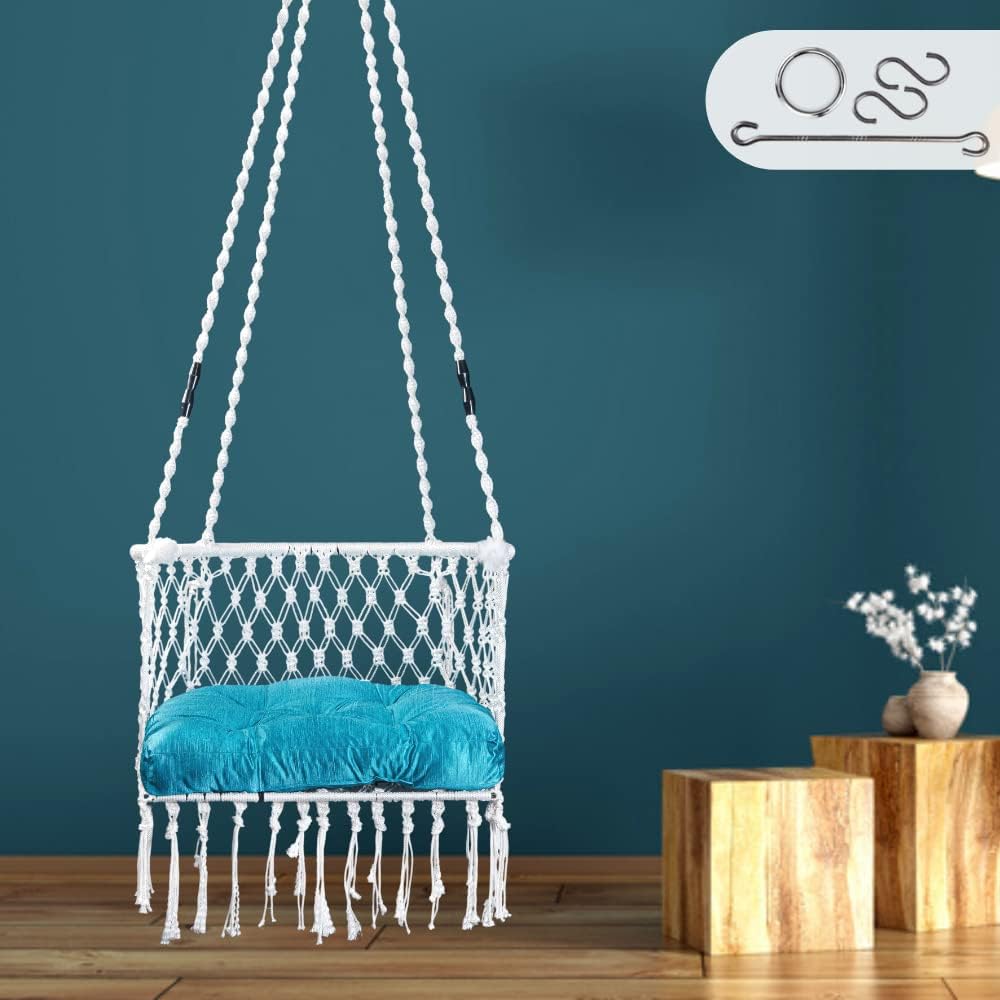 Patiofy C Shape Swing Chair for Balcony, Living Room, Outdoor - Hammock With Blue Cushion (White) - Polyester