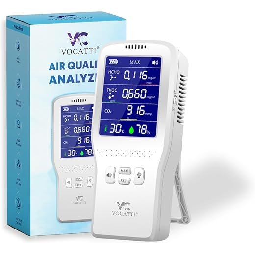 VOCATTI™ Indoor Air Quality Meters, Real Time Air Quality Detector AQI Monitor Meter Formaldehyde Detector, Pollution Meter Sensor Detecting HCHO, PM2.5, TVOC, CO, CO2, AQI