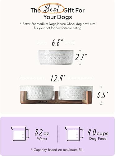 Miniatura 3 de Cuencos de cerámica para perros pequeños y medianos, juego de 3 tazas de cuencos dobles para alimentos y agua con soporte de madera de acacia,