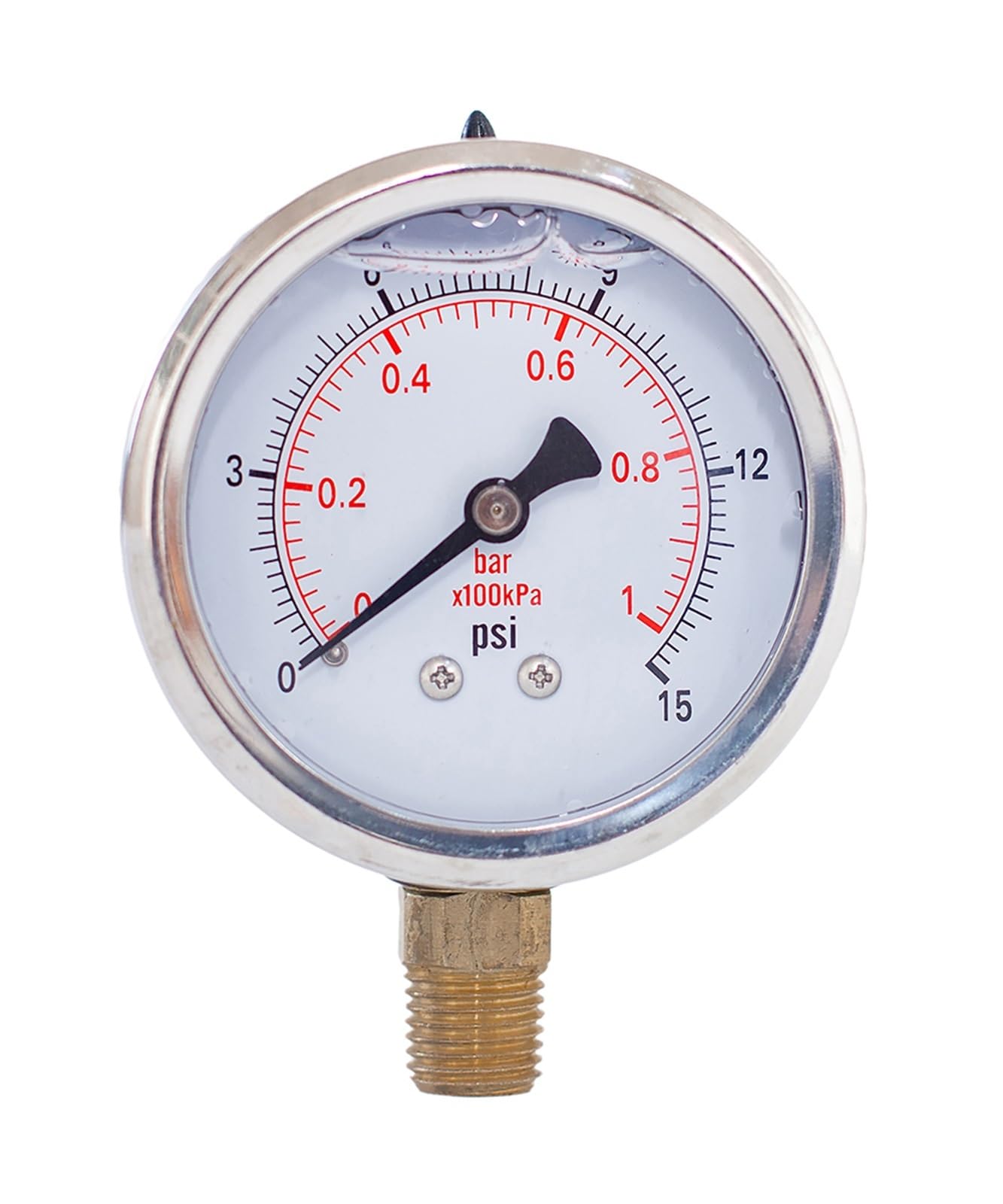 Manómetro compuesto de 2" relleno de glicerina, montaje inferior NPT de 1/4", de -30 inHg a 600 PSI/bar, doble escala, a prueba de golpes.(0-300 psi 0-20 bar)
