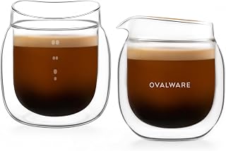 ovalware Espresso Pouring Glass Set of 2 | Double-Wall 2.7oz/80ml Shot Measuring Cup | Heat Protective Comfort | Oval Measurement Dots for Ristretto and Espresso | Drip-Free Precision Spout