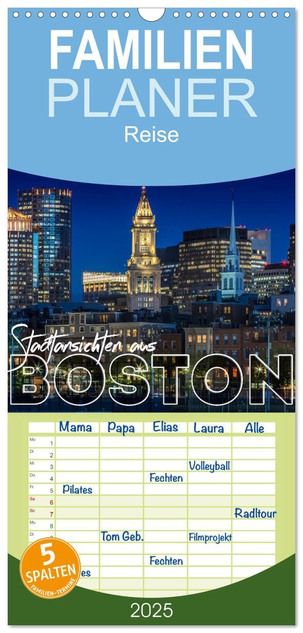 Familienplaner 2025 - Stadtansichten aus Boston mit 5 Spalten (Wandkalender, 21 cm x 45 cm), CALVENDO: Sehenswürdigkeiten und idyllische Orte (CALVENDO Orte)