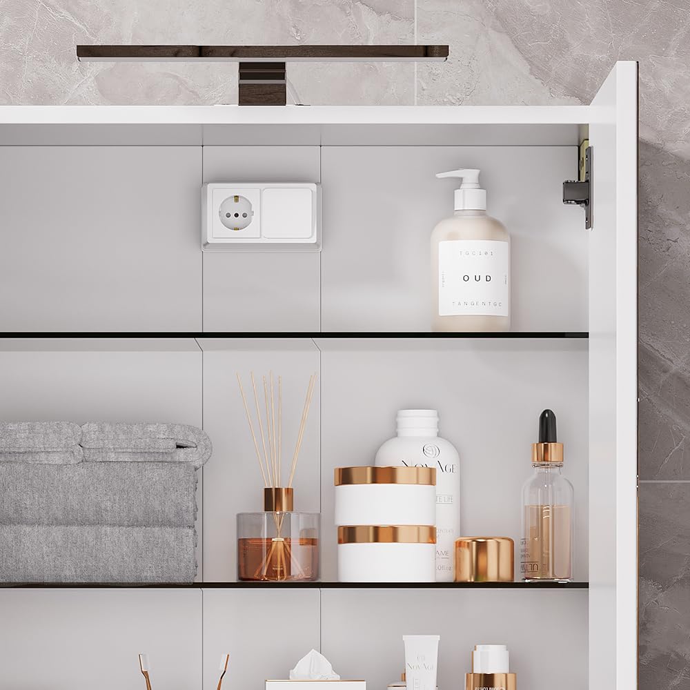 Vicco Armario con Espejo de baño Lavio, Blanco, 60 x 60 cm | con iluminación LED, con superficie de almacenamiento integrada y iluminación LED