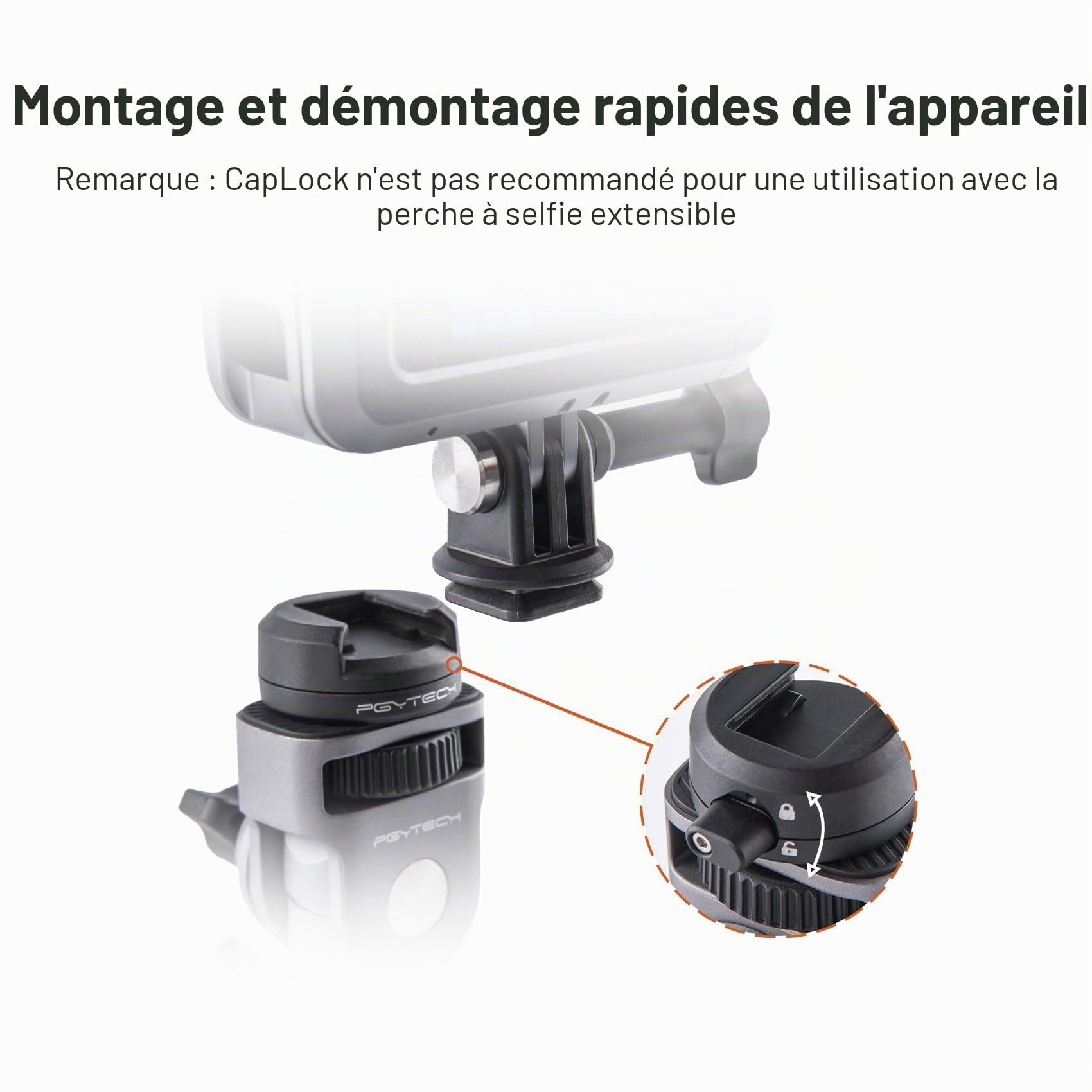 PGYTECH CapLock Super Clamp Moto Support à Pinceen Alliage d'Aluminium pour Insta360 X5, Pince en Forme de Crabe avec vis 1/4" pour GoPro Hero, pour DJI Osmo 360/Pocket/Action et Autres Accessoires