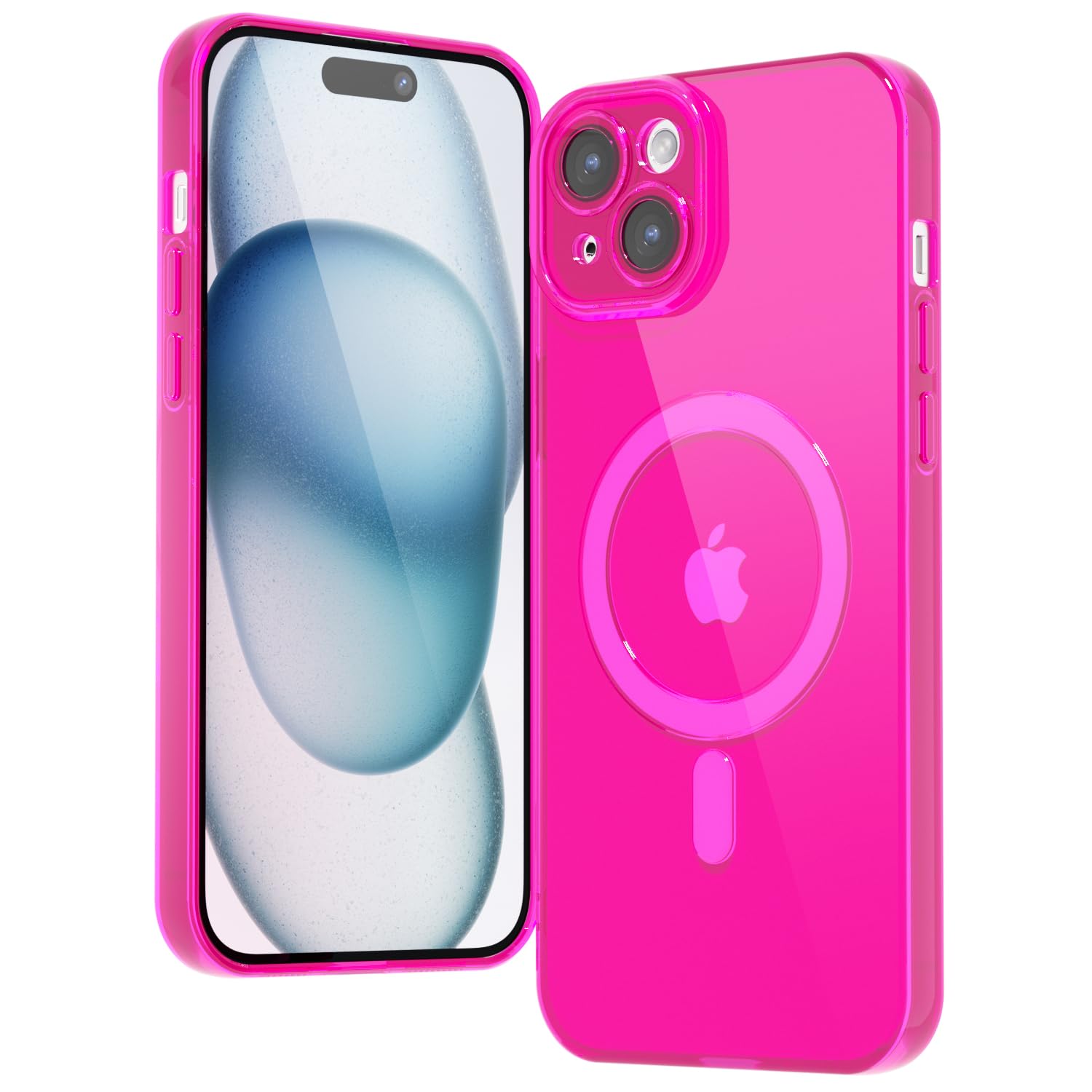 Magnetic Case for iPhone 15 Plus Case Clear Compatible with Magsafe, Transparent Fluorescent Bright Color, Slim Thin Soft Silicone Rubber Magnet Mag Cover for Women Girls, Neon Hot Pink