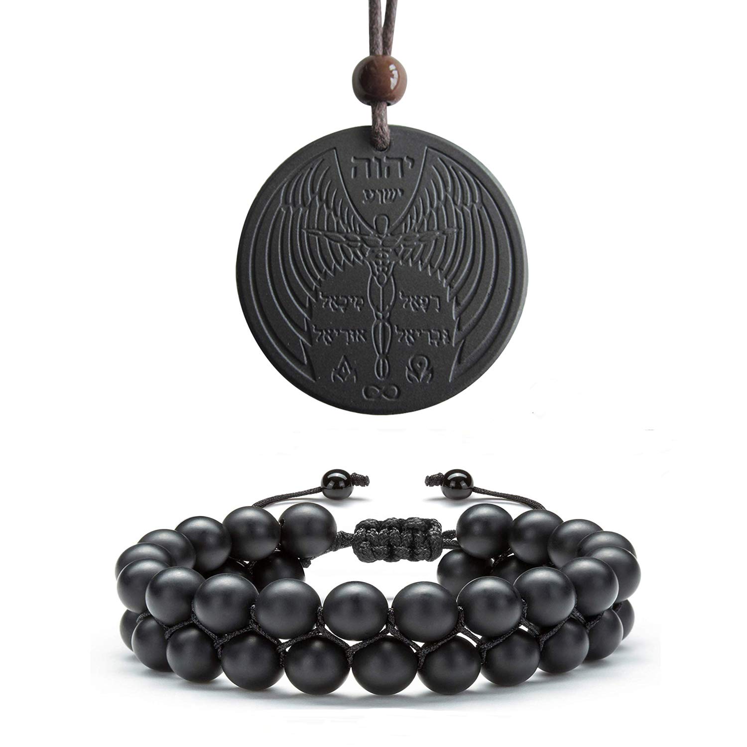 EneQutumAnti EMF Radiation Protection Pendant, Volcanic Lava Negative Ions Scalar Energy Pendant Necklace and Braided Double Layer Beads Adjustable Matte Black Agate Beads Bracelet