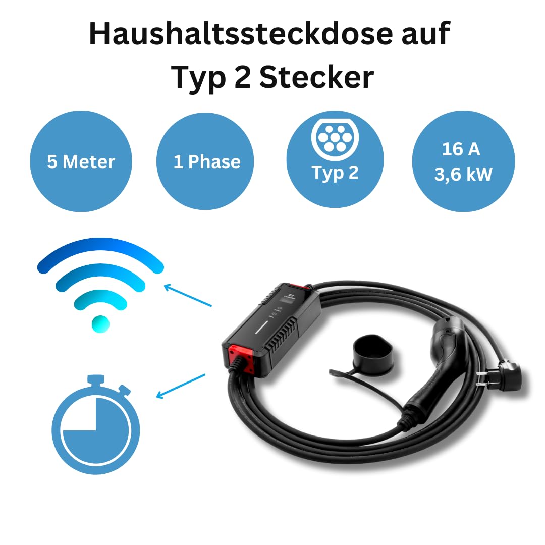 Tragbares Typ 2 Ladekabel 220V | 16A 1-Phasig 3.6kW, 5m| mit Display & Stromstärkenwahl | 5m Ladegerät mit Schutzfunktionen für Elektroautos | IP54 | EV Charging Cable mit Zeitfunktion