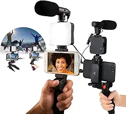 Kit Gravação 5 em 1 Completo Celular Vlog Lives Vídeos Com Tripé Luz Microfone Profissional Ajustavél Portátil