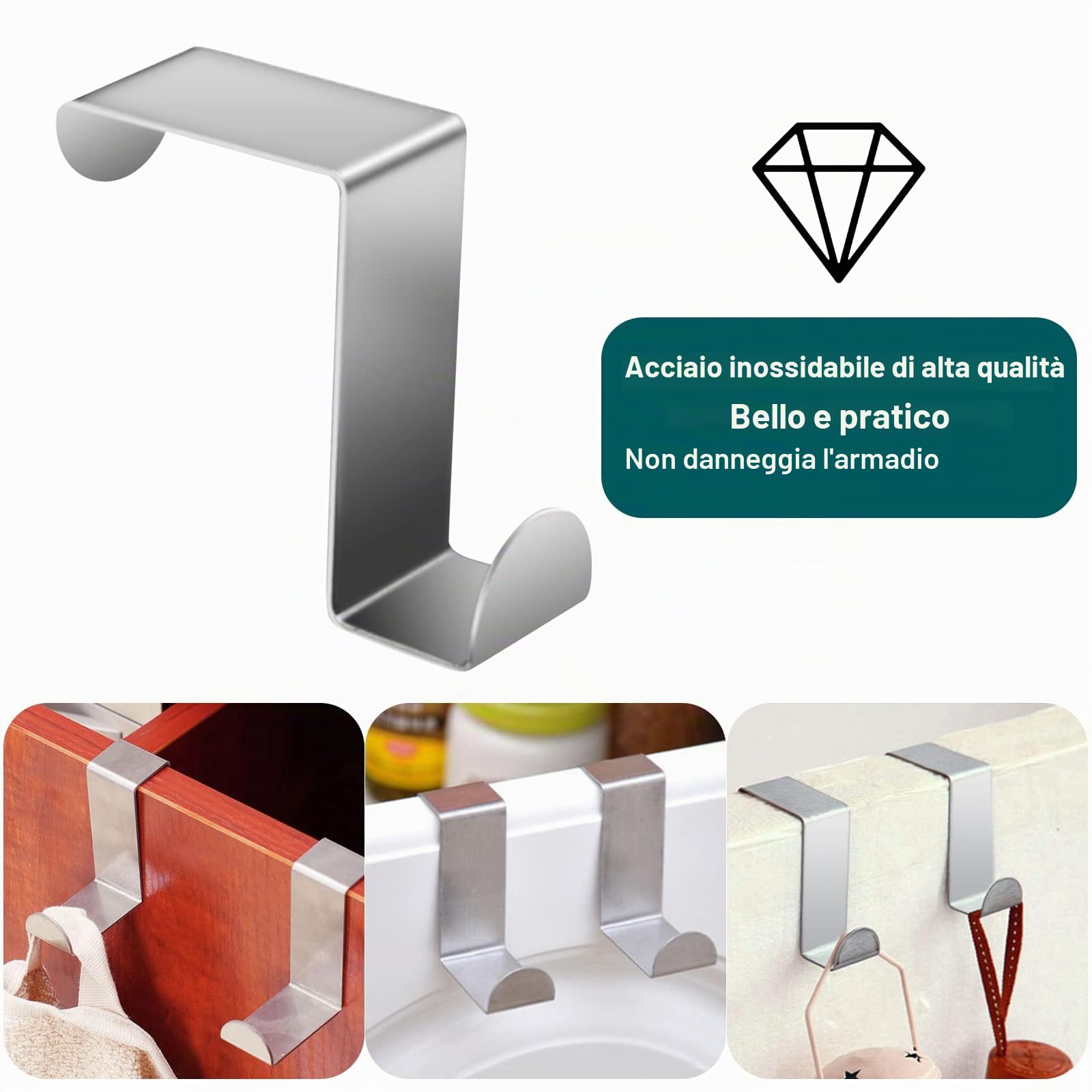 Ganci Sopraporta Acciaio Inossidabile Reversibili 10 Pezzi per Ante Standard Armadio