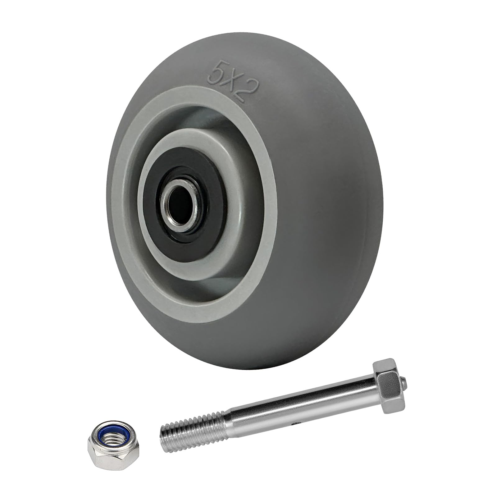 Ruedas industriales de 5 x 2 pulgadas, rueda de goma termoplástica (banda de rodadura coronada), rodamiento de rodillos de 1/2 pulgada de diámetro, juego de 4 con capacidad de hasta 1600