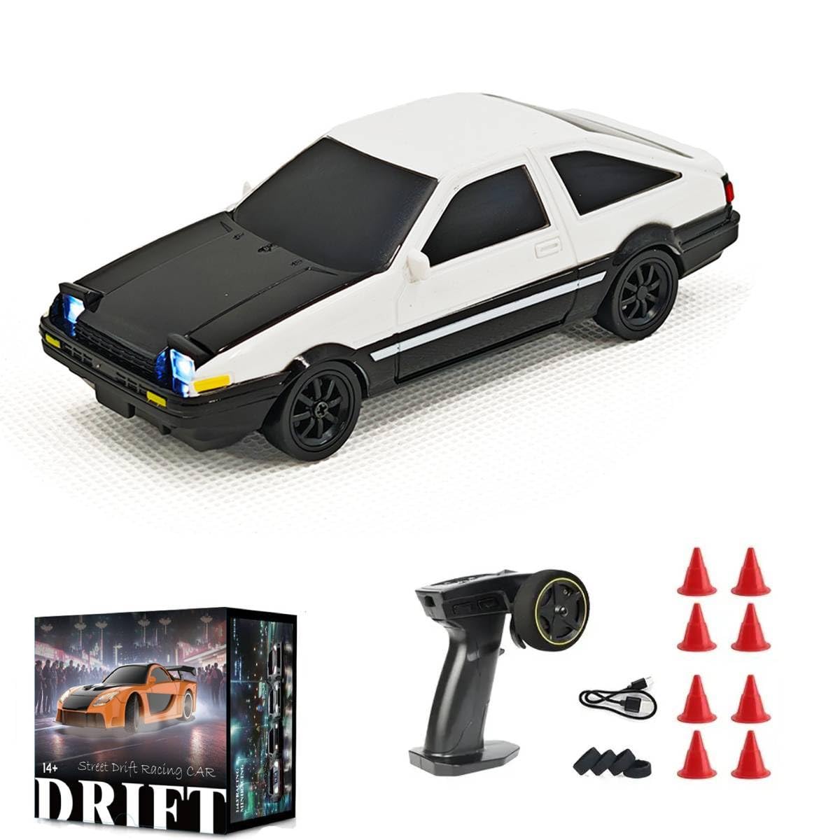 Aetheria 1/43 RC Drift Racing Car with Gyro, 4WD Fully Proportional Mini Electric Race Vehicle with LED Lights Remote Control High Speed Car for Adult Outdoor - Ready to Run (Black White)