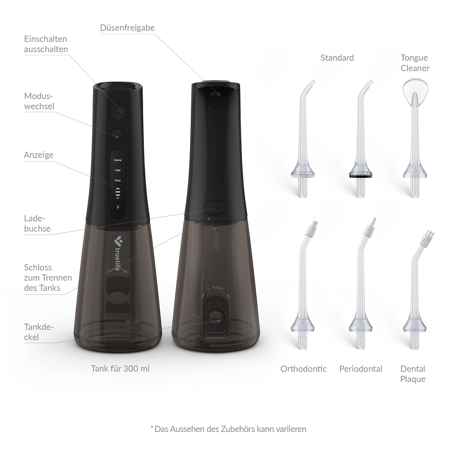TrueLife AquaFloss Compact L100 Munddusche kabellos, tragbar, 300ml Tank, 3 Modi, 2 Druckstufen, IPX7, USB, 6 Düsen im Paket Zahnzwischenraum-Reinigung, Zahnspange/Implantate (Schwarz)