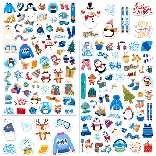 LINAYE 24 Sheets Winter Stickers for Kids 1440 PCS Adhesive Cute Winter Snowman Stickers Bulk Pack for Kids Party Favors Gifts for Boys Girls