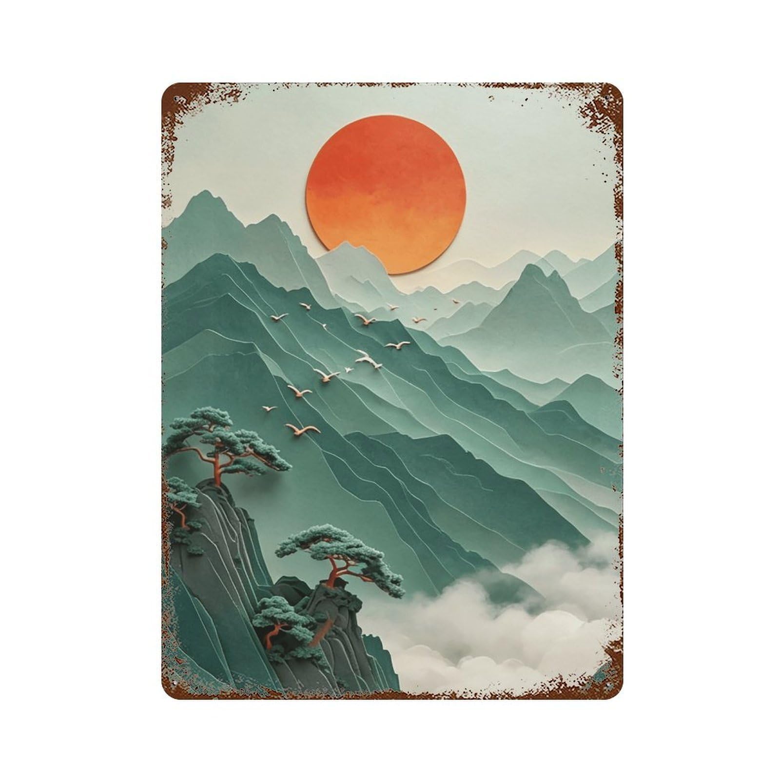 WUJHGRSG Eastern Tiered Misty Peak Sunset Motif 01 Wall Art Retro Iron Vintage Metal Tin Sign Poster Modern Decor for Home Cofffee Club Bar Shop Style 40x30cm