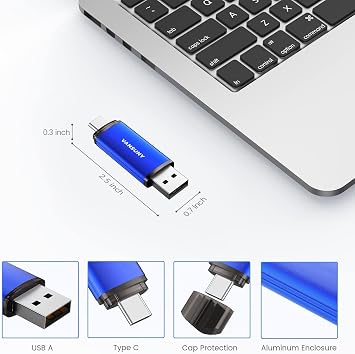 Vansuny 32GB USB Type-C Flash Drive 2-in-1 Dual USB A + Tape C OTG Flash Drive for Android Smartphone Tablet Computer Laptop (Blue)