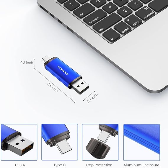 Vansuny 32GB USB Type-C Flash Drive 2-in-1 Dual USB A + Tape C OTG Flash Drive for Android Smartphone Tablet Computer Laptop (Blue)