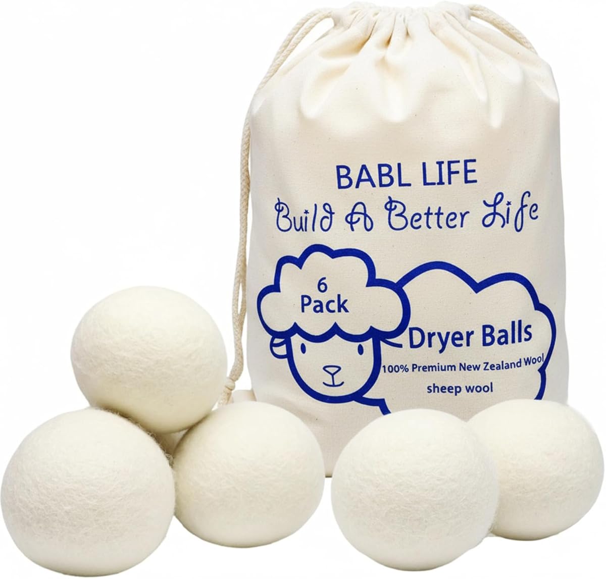 Wool Dryer Balls-Pack of 6,Premium Reusable New Zealand Natural Fabric Softener,Saves Drying Time, Handmade-Upgraded Version(Made of The Latest Shearing)-2.6 Inch