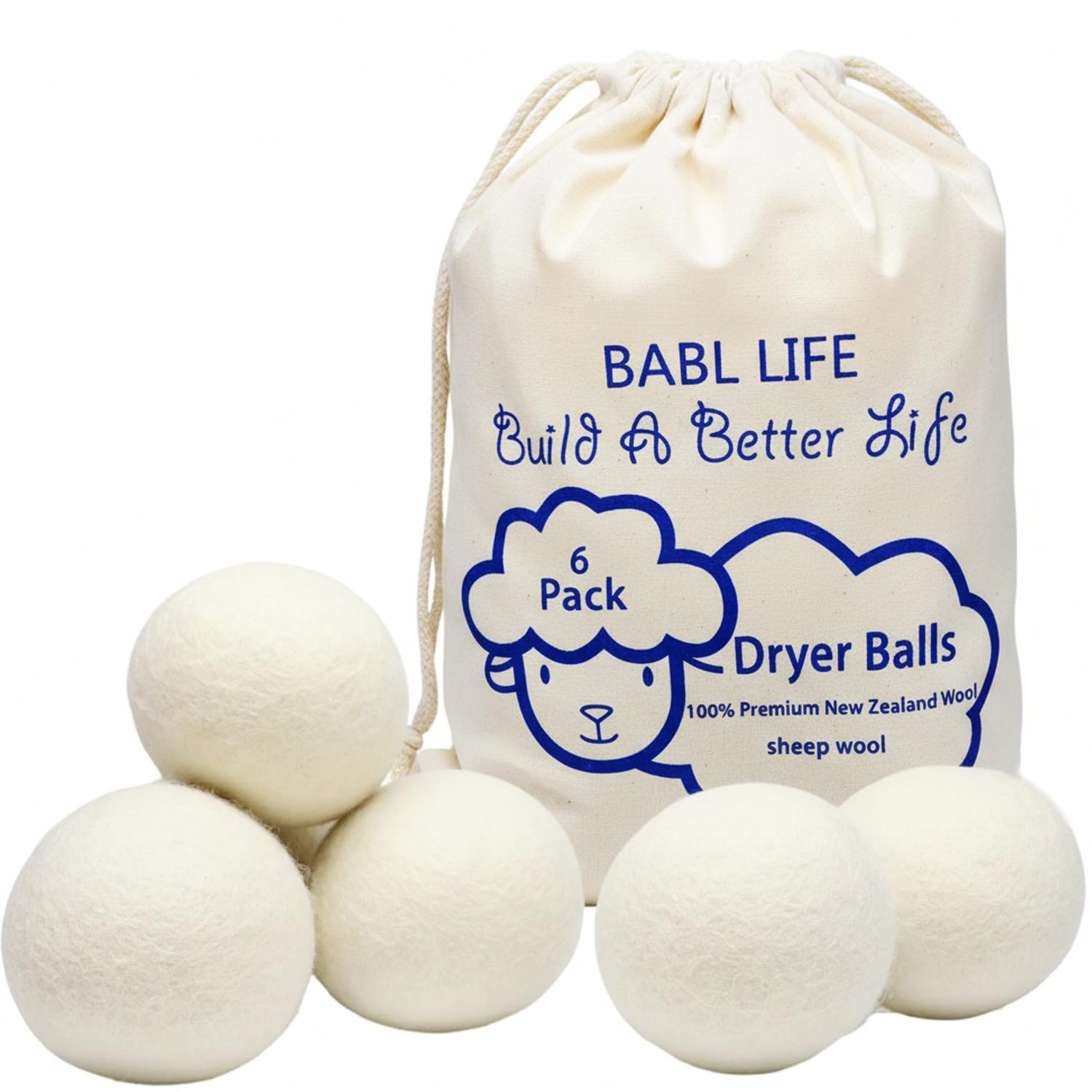 Wool Dryer Balls-Pack of 6,Premium Reusable New Zealand Natural Fabric Softener,Saves Drying Time, Handmade-Upgraded Version(Made of The Latest Shearing)-2.6 Inch