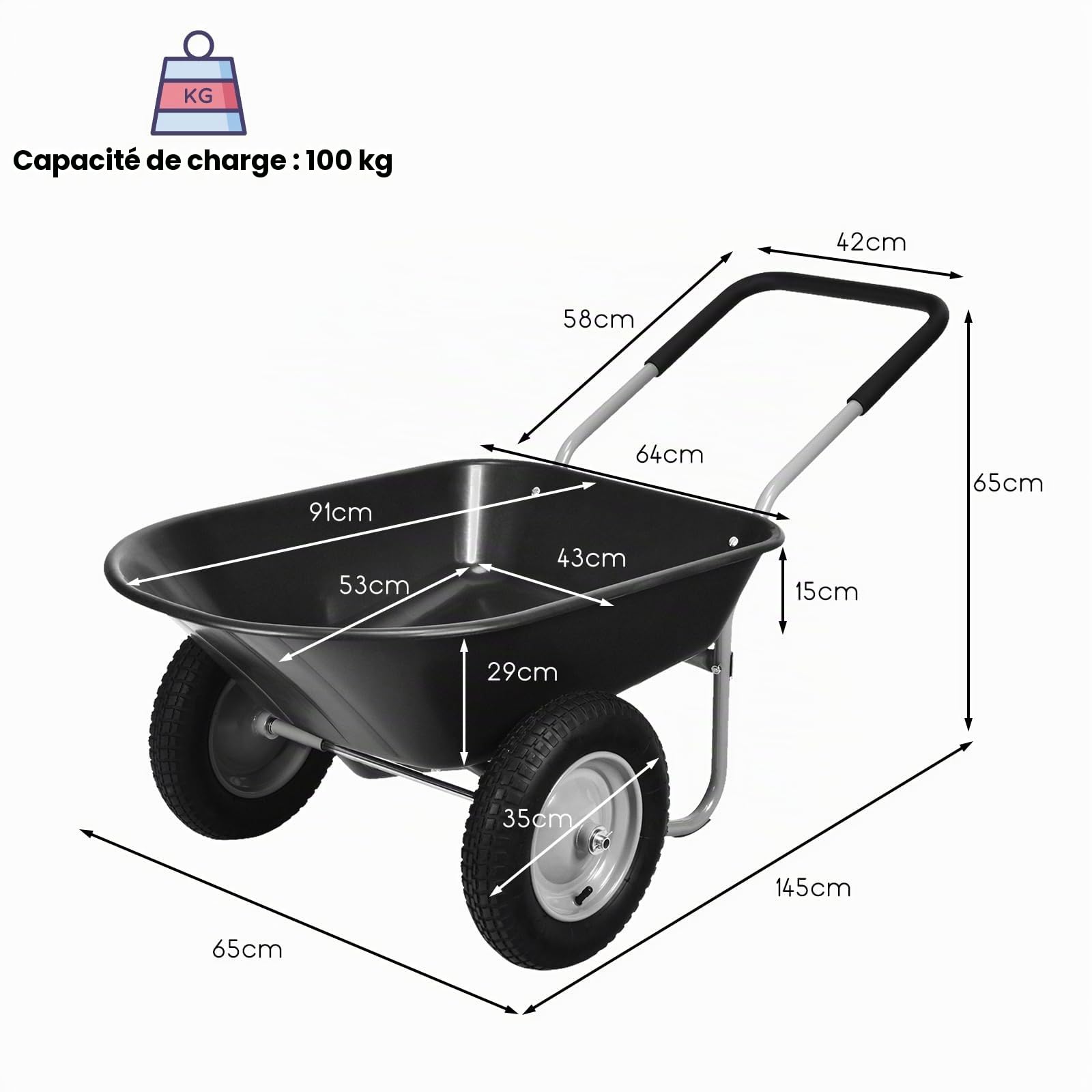 RELAX4LIFE Chariots de Jardin avec Cadre en Fer et Conteneur de 70 L, Brouette de Jardin avec Poignée en Caoutchouc et Roues Gonflables, Chariot, Capacité Max 100 KG pour Jardins/Fermes (Noir)
