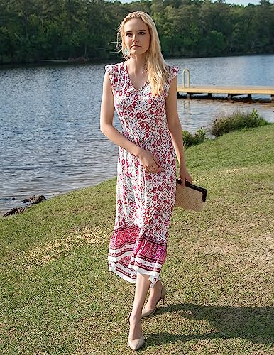 PRETTYGARDEN Sun Dresses Women Summer - Maxi Casual V Neck Floral High Low Flowy Beach Long Dress White - Image 8