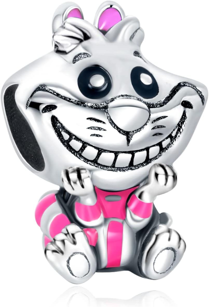 Cheshire Cat Charms 925 Sterling Silver Grin Meow Bead with Purple Enamel for Bracelets