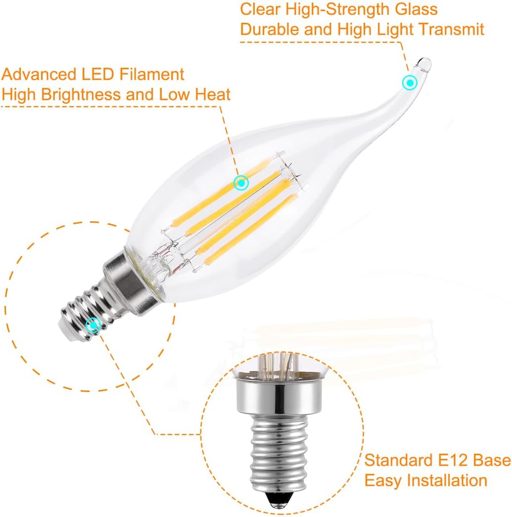 KINUR E12 Candelabra led Light Bulbs 4 Watt (40 Watt Equivalent) 2700K Warm White CA11 Flame Chandelier Decorative Candle Light Bulb Pendants Wall sconces Non-Dimmable 4Pack