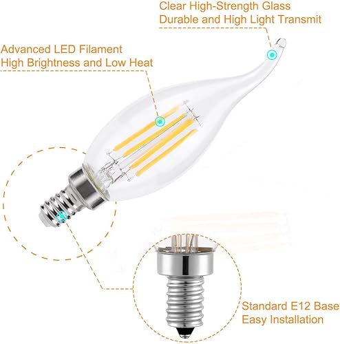 Miniatura 2 de KINUR Bombillas LED para candelabros E12 de 4 W (equivalente a 40 W), bombillas LED de 2700 K, luz blanca cálida CA11, lámpara de llama decorativa,