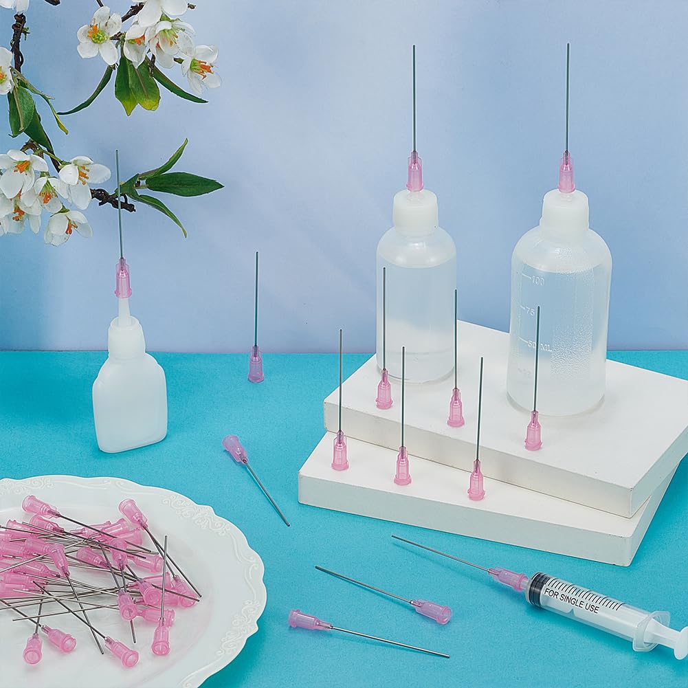 FINGERINSPIRE 40Pcs Aiguille de Distribution à Pointe Émoussée 20G | Avec Luer Lock, 68mm de Long, Plastique, Rose, 304 Broches en Acier Inoxydable, pour Remplissage Encres Liquides et Colle