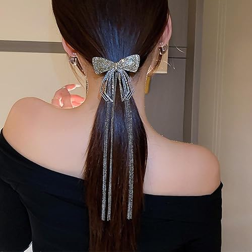 Miniatura 1 de Clip de lazo para el cabello con diamantes de imitación con purpurina, cadena larga, pasador de pelo bohemio de metal hueco con lazo, horquilla de
